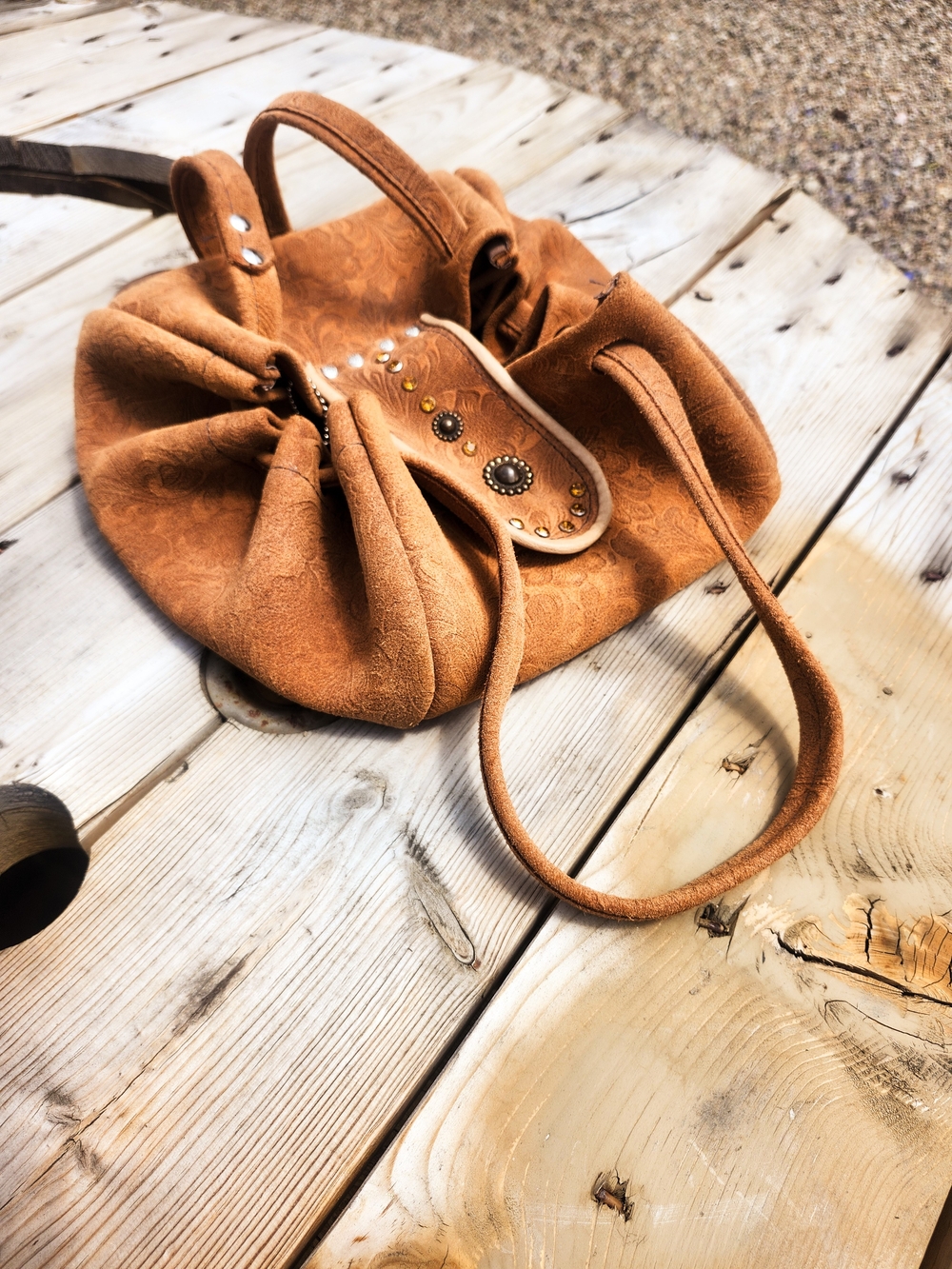Dally Girl Leather Meeteetse Wyoming Floral Tooled Suede Drawstring Bucket Bag